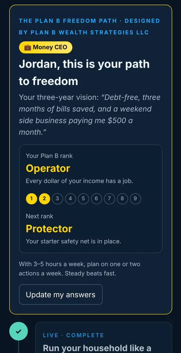 Your Freedom Path screen in the Plan B CEO Engine, with sample numbers